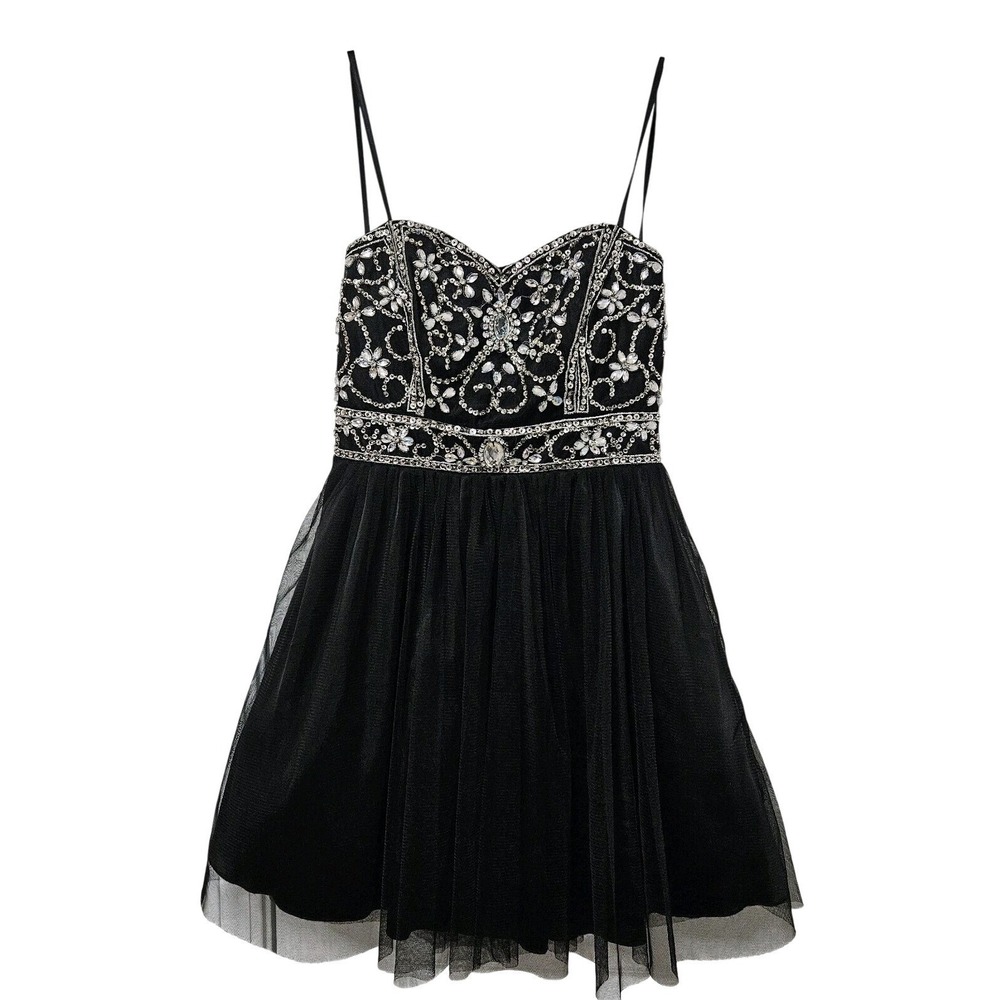 Bee Darlin Mini Dress Women 5/6 Black Rhinestone Beaded Tulle Fit and Flare Prom